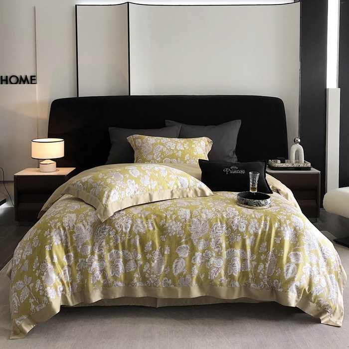 91家纺网 家纺一手货源 找家纺 2024新款60支兰精天丝数码印花四件套系列 洛娜-黄