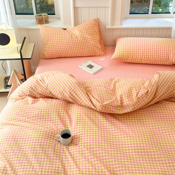 91家纺网 家纺一手货源 找家纺 北欧良品 2024新款A类全棉色织水洗棉单被套 粉黄小格