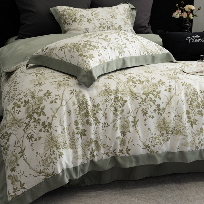 91家纺网 家纺一手货源 找家纺 2024新款60支兰精天丝数码印花四件套系列 玛亚-绿