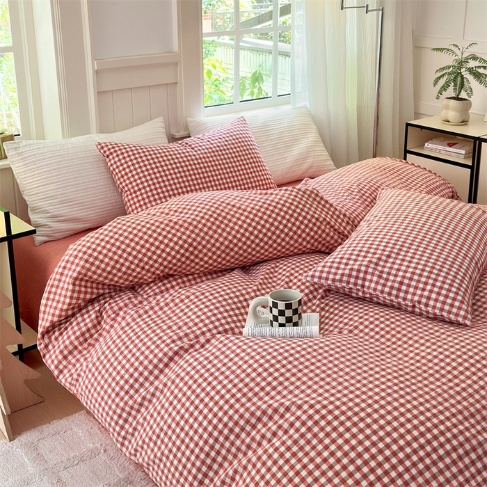 91家纺网 家纺一手货源 找家纺 北欧良品 2024新款A类全棉色织水洗棉单枕套 橙红小格