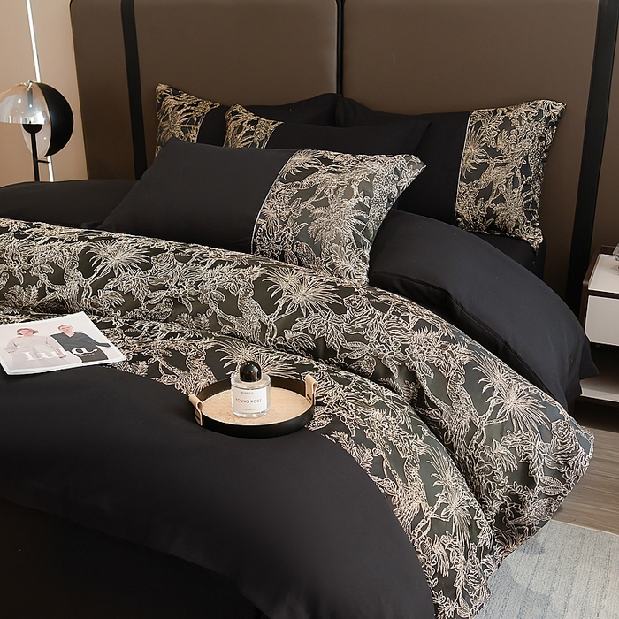 91家纺网 家纺一手货源 找家纺 布可家纺 2025新款轻奢精美浮雕刺绣提花四件套 安露莎-高级黑