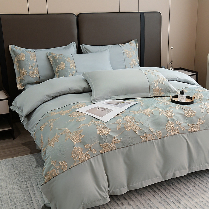 91家纺网 家纺一手货源 找家纺 布可家纺 2025新款轻奢精美浮雕刺绣提花四件套 花叶扶-天水蓝