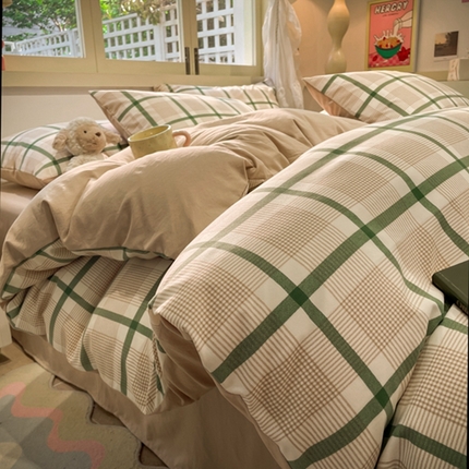 91家纺网 家纺一手货源 找家纺 阿曼达 2024新款ins博主风爆款全工艺印染亲肤舒适纯色水洗m格子四件套（有买家秀） 星河-绿