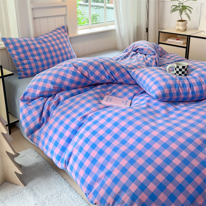 91家纺网 家纺一手货源 找家纺 北欧良品 2024新款A类全棉色织水洗棉单枕套 蓝紫中格