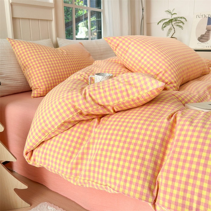 91家纺网 家纺一手货源 找家纺 北欧良品 2024新款A类全棉色织水洗棉单被套 粉黄小格