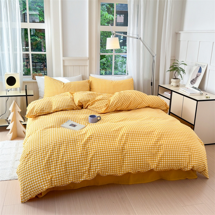 91家纺网 家纺一手货源 找家纺 北欧良品 2024新款A类全棉色织水洗棉单枕套 姜黄小格