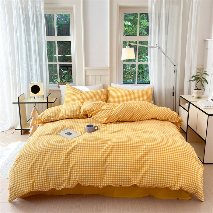 91家纺网 家纺一手货源 找家纺 北欧良品 2024新款A类全棉色织水洗棉单枕套 姜黄小格