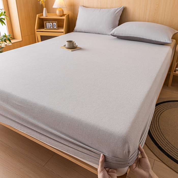 91家纺网 家纺一手货源 找家纺 雅居纺家纺 2024新款全棉色织水洗棉床笠 床笠-细条灰