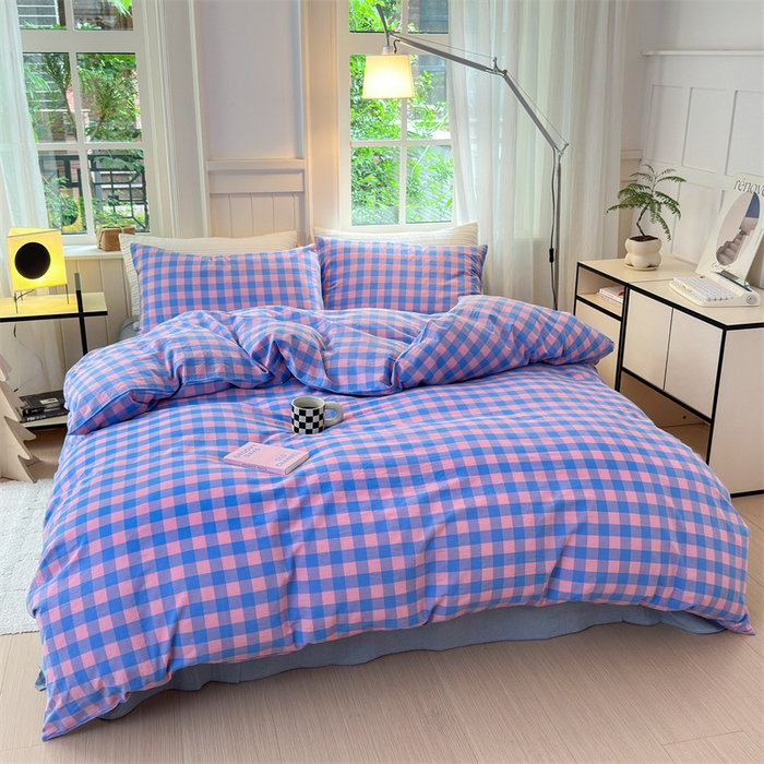 91家纺网 家纺一手货源 找家纺 北欧良品 2024新款A类全棉色织水洗棉单被套 蓝紫中格