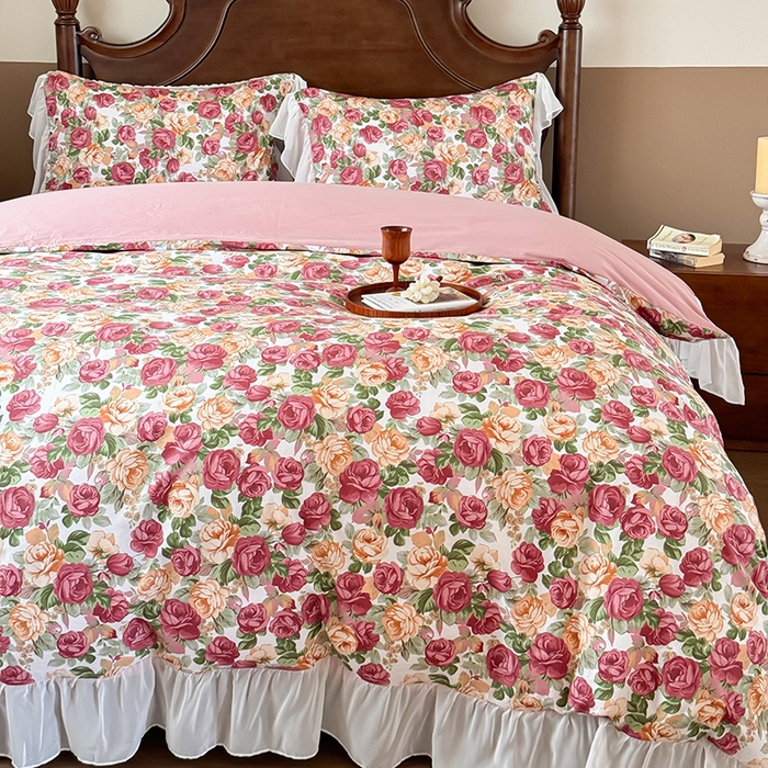 91家纺网 家纺一手货源 找家纺 窝米 2024夏季纯棉法式复古雪纺大花边四件套系列第二批 小玫瑰花边款