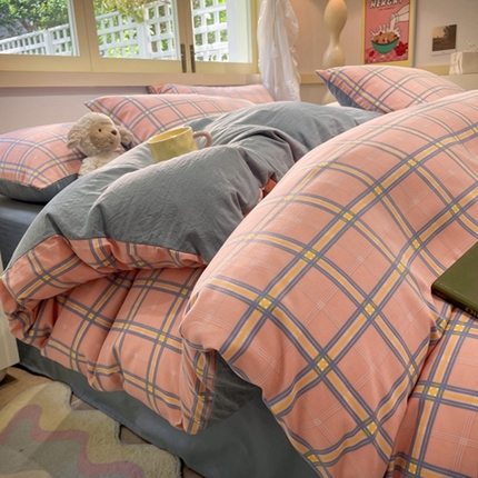 91家纺网 家纺一手货源 找家纺 阿曼达 2024新款ins博主风爆款全工艺印染亲肤舒适纯色水洗m格子四件套（有买家秀） 桃夭