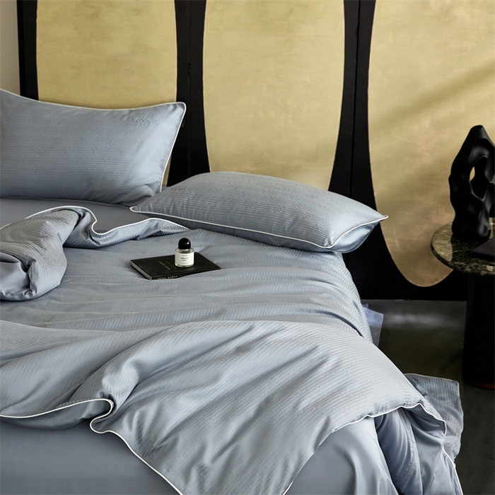 91家纺网 家纺一手货源 找家纺 安莱生活 2024新款60S天丝棉提花四件套三系列（银丝款）--天丝棉铂金简奢款 夏陌-冰雨蓝