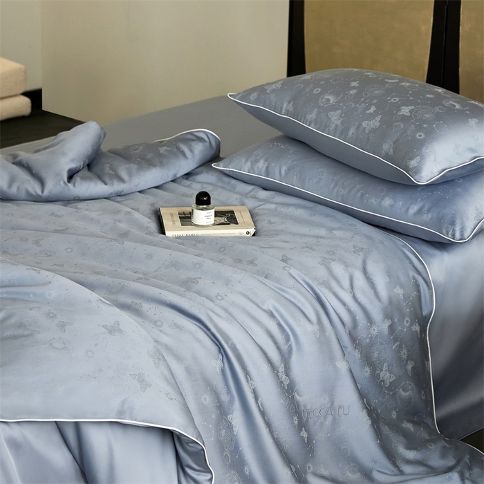 91家纺网 家纺一手货源 找家纺 安莱生活 2024新款60S天丝棉提花四件套三系列（银丝款）--天丝棉铂金简奢款 星辰-冰雨蓝