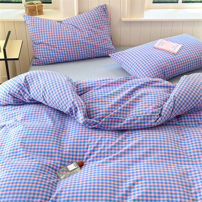 91家纺网 家纺一手货源 找家纺 北欧良品 2024新款A类全棉色织水洗棉单被套 蓝紫小格