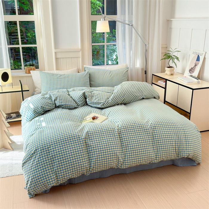 91家纺网 家纺一手货源 找家纺 北欧良品 2024新款A类全棉色织水洗棉单被套 蓝黄小格