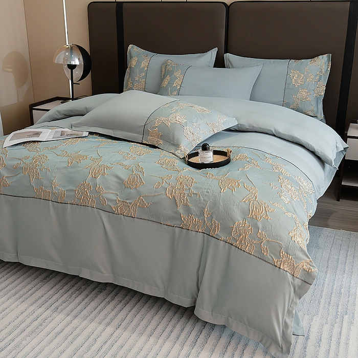 91家纺网 家纺一手货源 找家纺 布可家纺 2025新款轻奢精美浮雕刺绣提花四件套 花叶扶-天水蓝