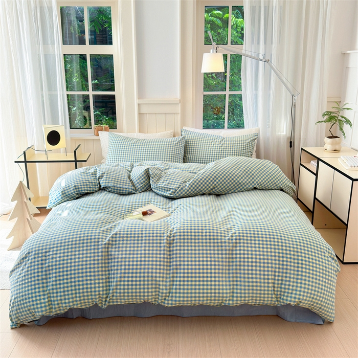 91家纺网 家纺一手货源 找家纺 北欧良品 2024新款A类全棉色织水洗棉单被套 蓝黄小格