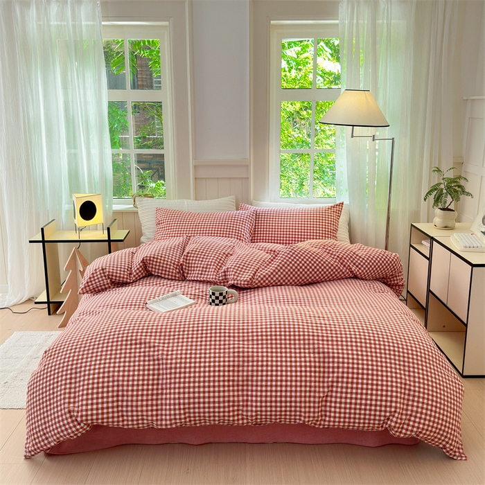 91家纺网 家纺一手货源 找家纺 北欧良品 2024新款A类全棉色织水洗棉单枕套 橙红小格