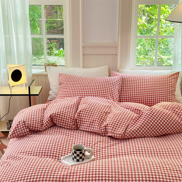 91家纺网 家纺一手货源 找家纺 北欧良品 2024新款A类全棉色织水洗棉单枕套 橙红小格