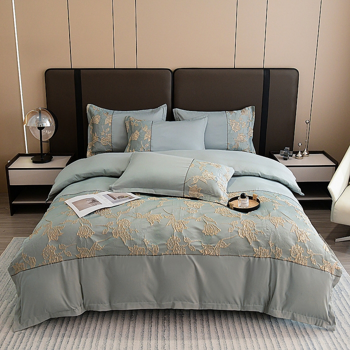 91家纺网 家纺一手货源 找家纺 布可家纺 2025新款轻奢精美浮雕刺绣提花四件套 花叶扶-天水蓝