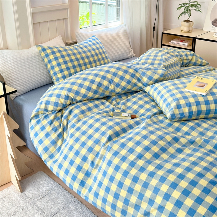 91家纺网 家纺一手货源 找家纺 北欧良品 2024新款A类全棉色织水洗棉单被套 蓝黄中格