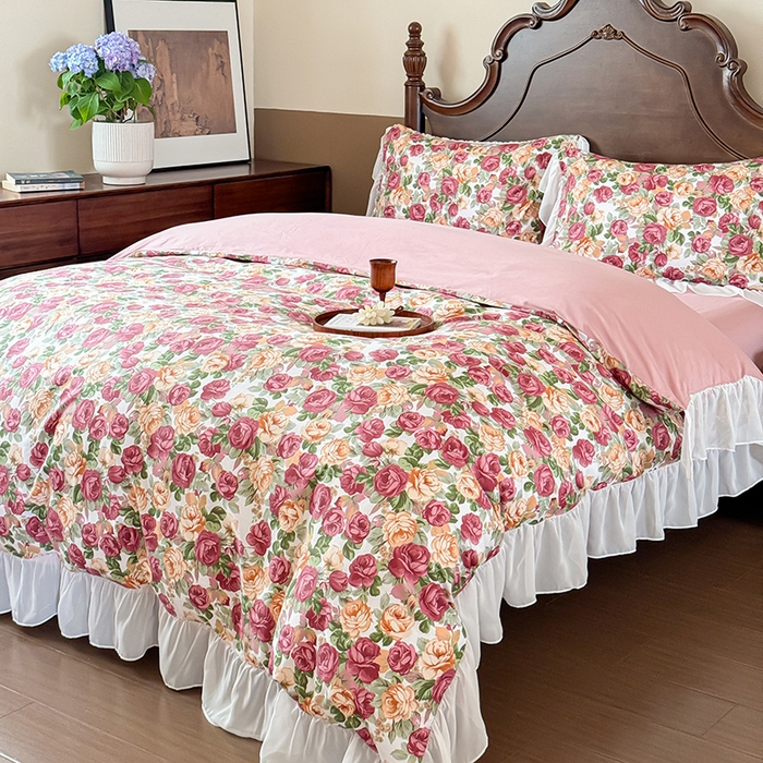 91家纺网 家纺一手货源 找家纺 窝米 2024夏季纯棉法式复古雪纺大花边四件套系列第二批 小玫瑰花边款