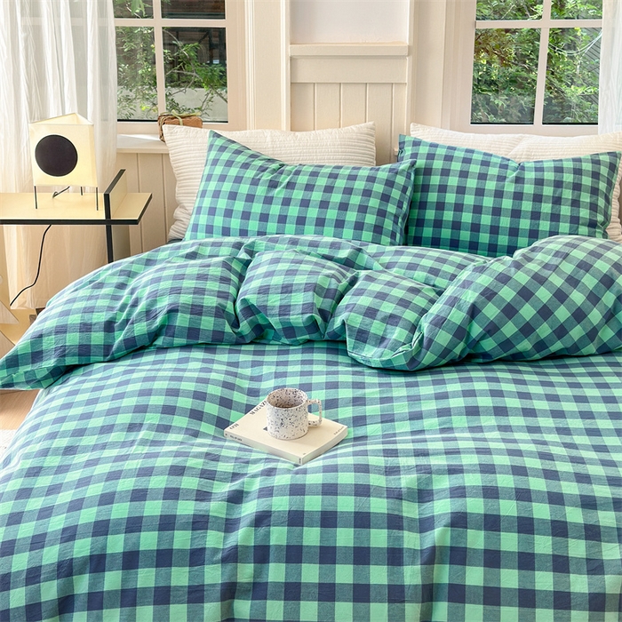 91家纺网 家纺一手货源 找家纺 北欧良品 2024新款A类全棉色织水洗棉单枕套 蓝绿中格