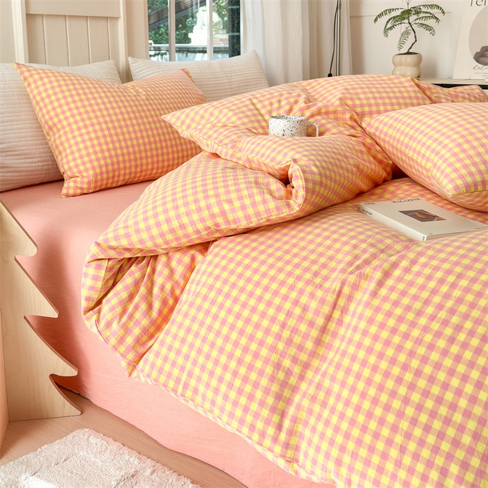 91家纺网 家纺一手货源 找家纺 北欧良品 2024新款A类全棉色织水洗棉单枕套 粉黄小格