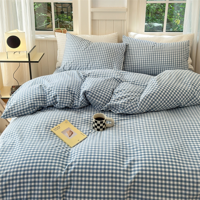 91家纺网 家纺一手货源 找家纺 北欧良品 2024新款A类全棉色织水洗棉单被套 浅蓝小格