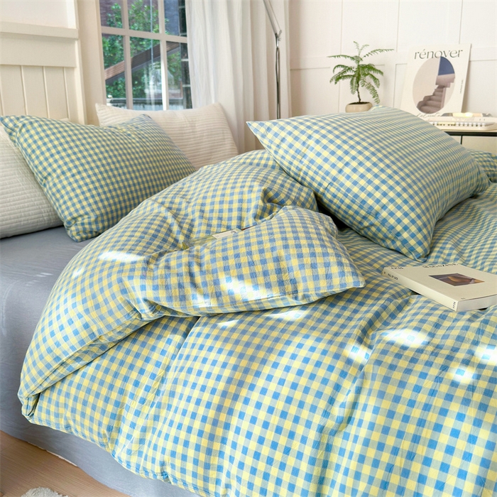 91家纺网 家纺一手货源 找家纺 北欧良品 2024新款A类全棉色织水洗棉单被套 蓝黄小格