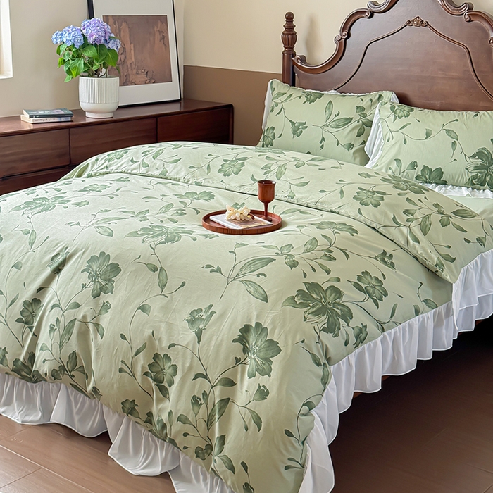 91家纺网 家纺一手货源 找家纺 窝米 2024夏季纯棉法式复古雪纺大花边四件套系列第二批 觅棠花边款