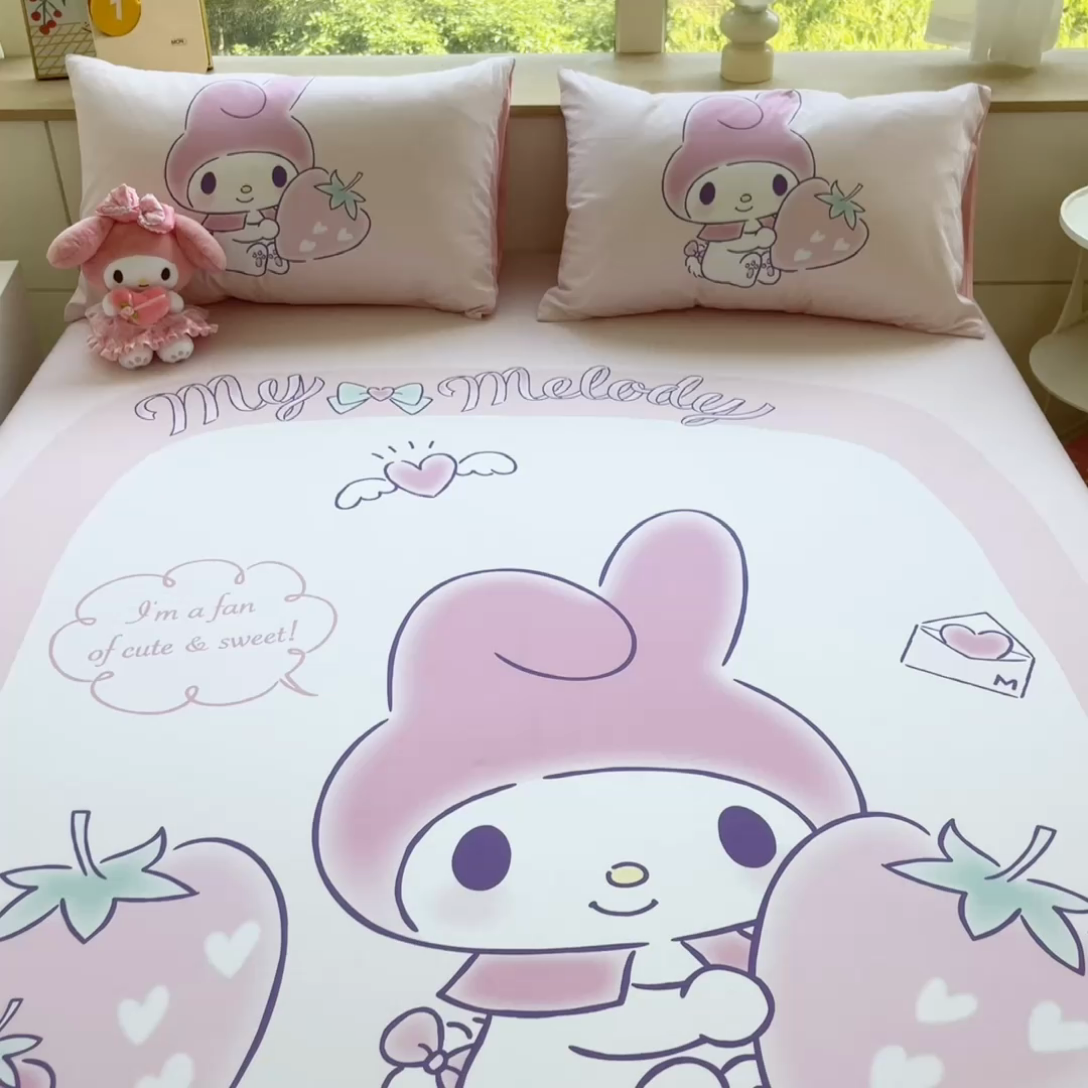 91家纺网 家纺一手货源 找家纺 金爱家 2024新款全棉三丽鸥正版大版单品床笠 贪吃美乐蒂