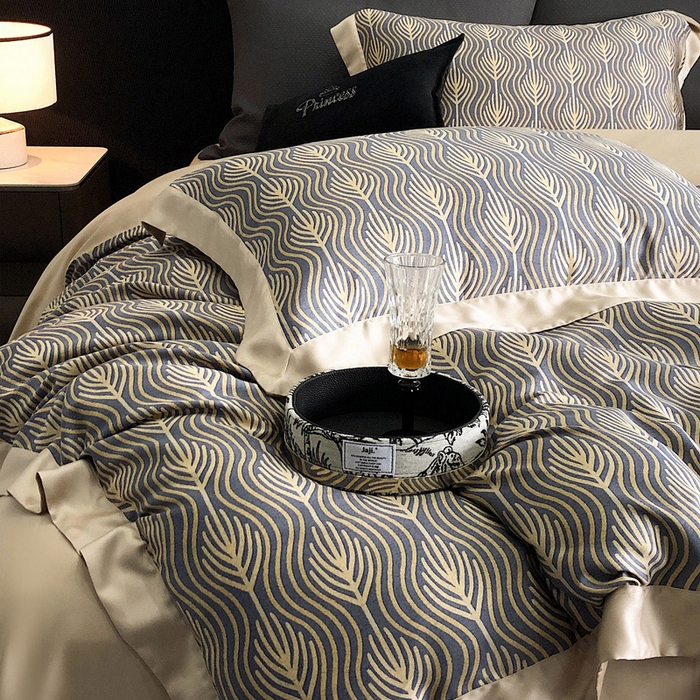 91家纺网 家纺一手货源 找家纺 2024新款60支兰精天丝数码印花四件套系列 格雷-藏青