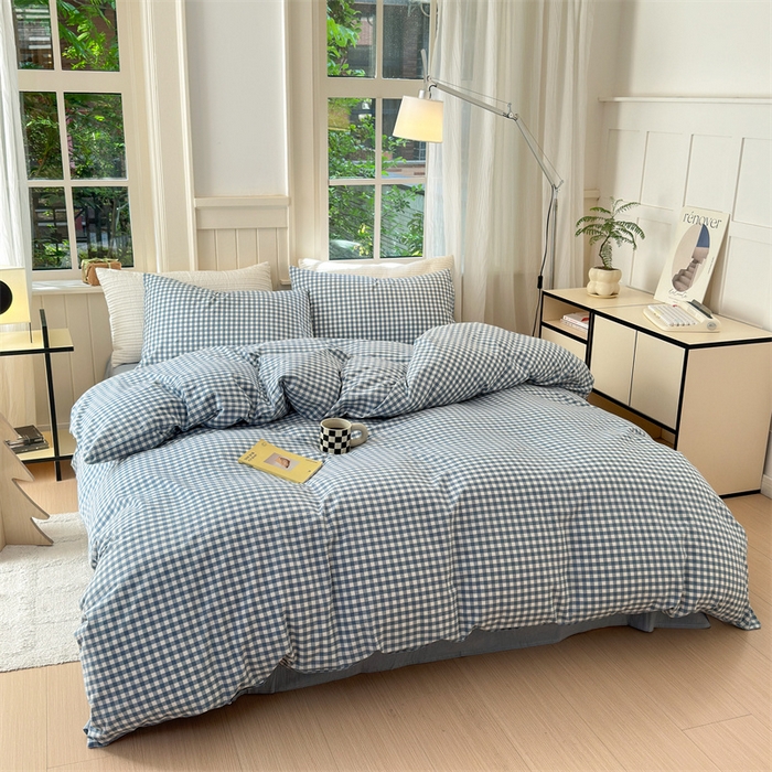 91家纺网 家纺一手货源 找家纺 北欧良品 2024新款A类全棉色织水洗棉单被套 浅蓝小格