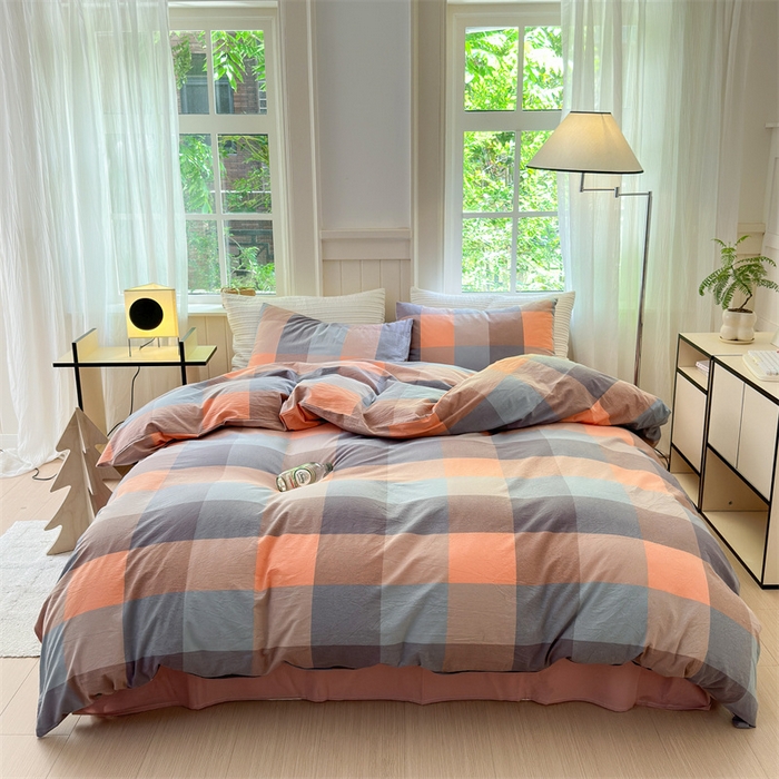 91家纺网 家纺一手货源 找家纺 北欧良品 2024新款A类全棉色织水洗棉单被套 曲奇大格粉