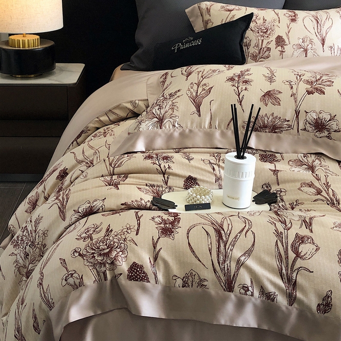 91家纺网 家纺一手货源 找家纺 2024新款60支兰精天丝数码印花四件套系列 希拉-红