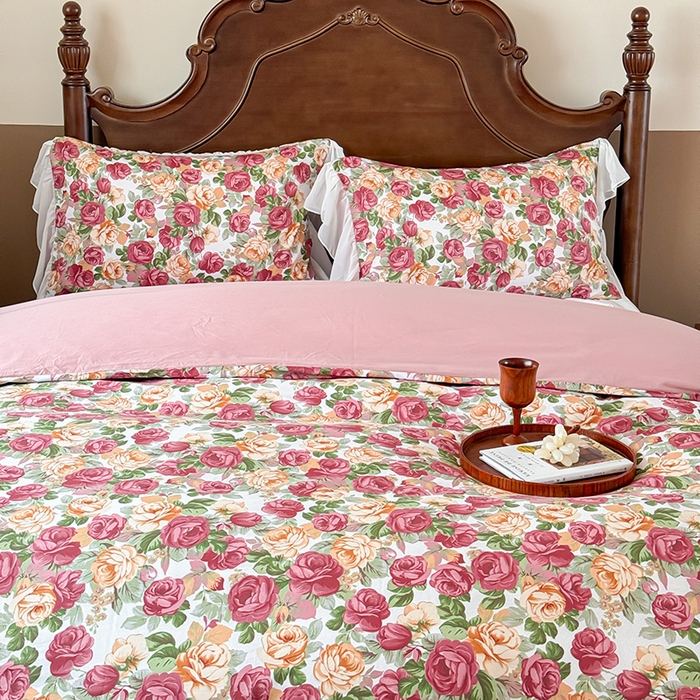 91家纺网 家纺一手货源 找家纺 窝米 2024夏季纯棉法式复古雪纺大花边四件套系列第二批 小玫瑰花边款