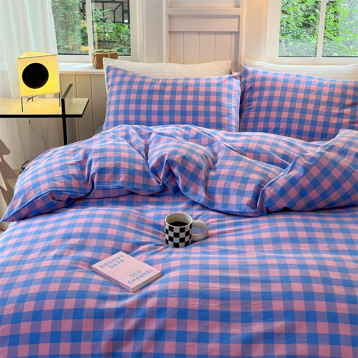 91家纺网 家纺一手货源 找家纺 北欧良品 2024新款A类全棉色织水洗棉单被套 蓝紫中格