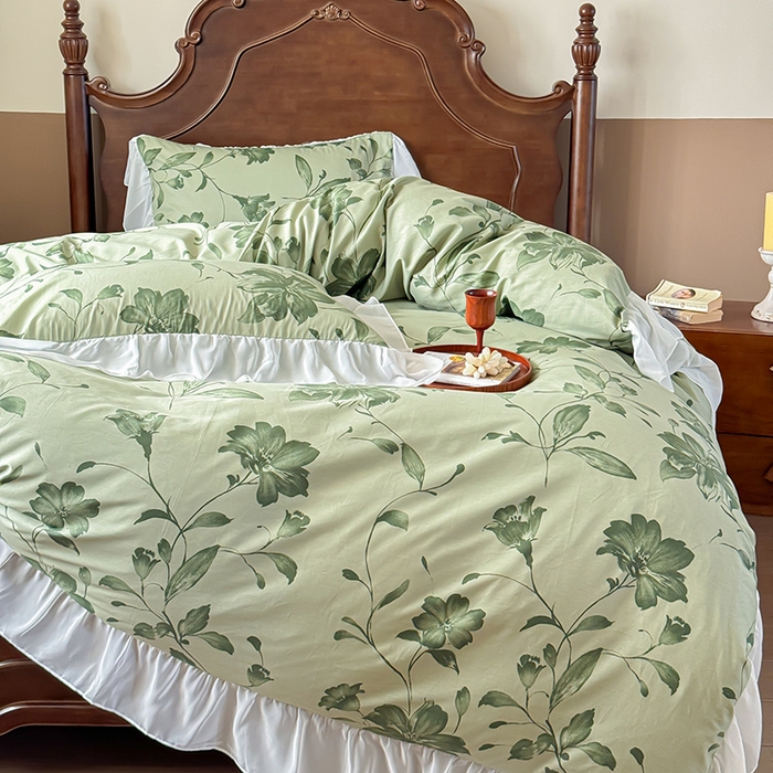 91家纺网 家纺一手货源 找家纺 窝米 2024夏季纯棉法式复古雪纺大花边四件套系列第二批 觅棠花边款