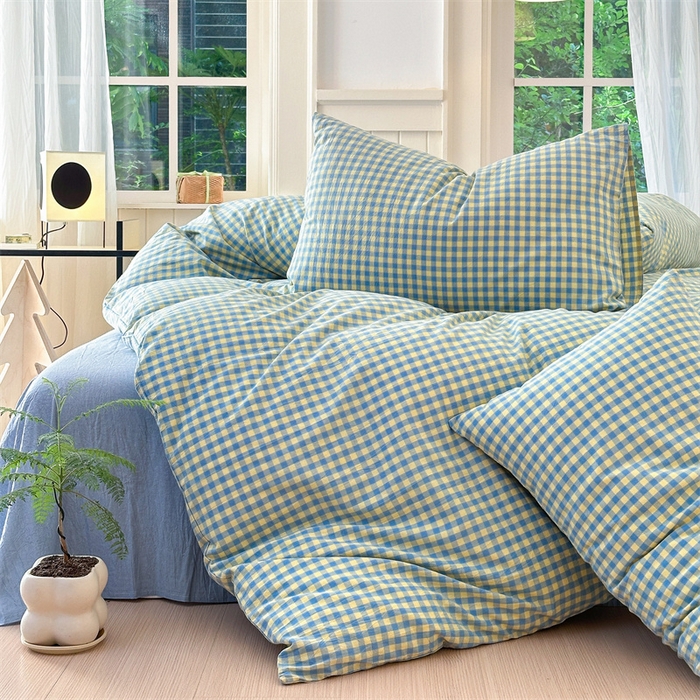 91家纺网 家纺一手货源 找家纺 北欧良品 2024新款A类全棉色织水洗棉单被套 蓝黄小格