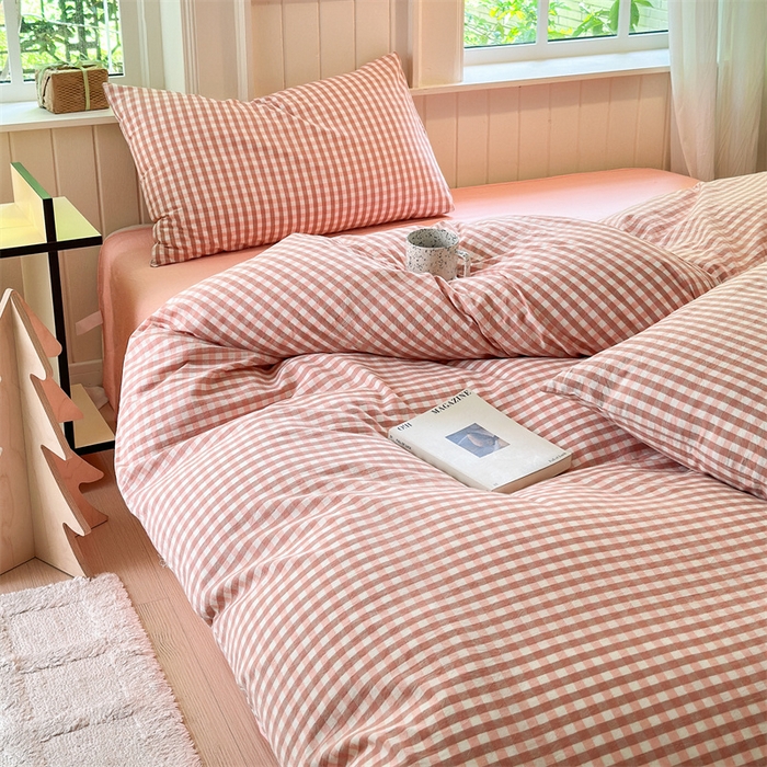 91家纺网 家纺一手货源 找家纺 北欧良品 2024新款A类全棉色织水洗棉单被套 蜜粉小格