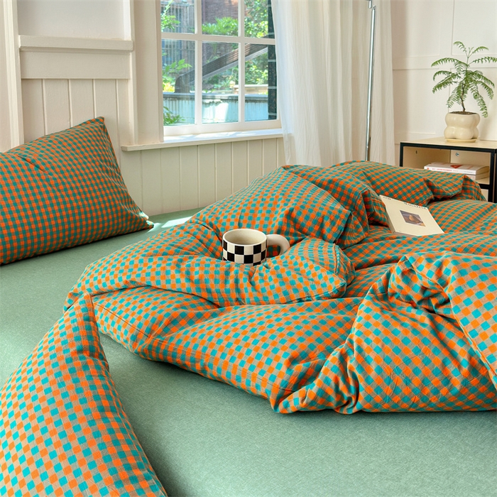 91家纺网 家纺一手货源 找家纺 北欧良品 2024新款A类全棉色织水洗棉单枕套 橙绿小格