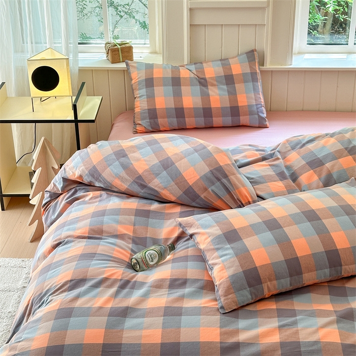 91家纺网 家纺一手货源 找家纺 北欧良品 2024新款A类全棉色织水洗棉单被套 曲奇中格粉