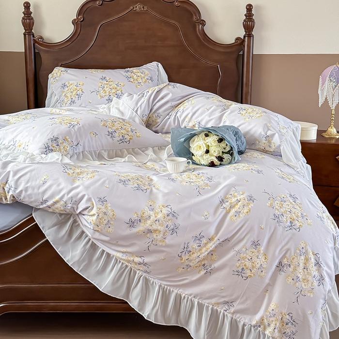 91家纺网 家纺一手货源 找家纺 窝米 2024夏季纯棉法式复古雪纺大花边四件套系列第二批 山椿花边款