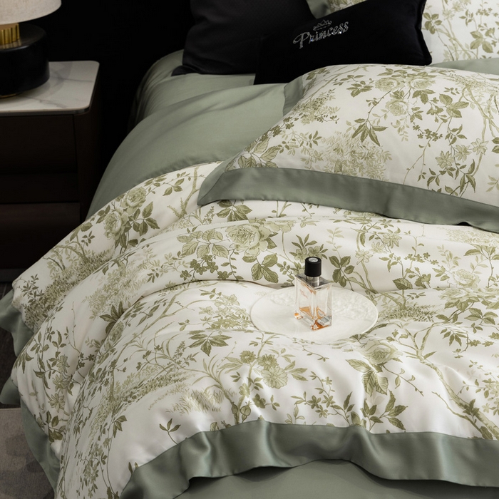 91家纺网 家纺一手货源 找家纺 2024新款60支兰精天丝数码印花四件套系列 玛亚-绿