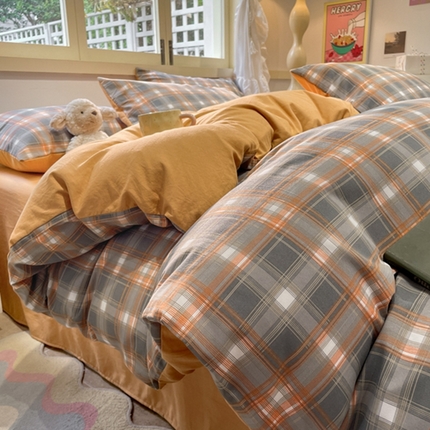 91家纺网 家纺一手货源 找家纺 阿曼达 2024新款ins博主风爆款全工艺印染亲肤舒适纯色水洗m格子四件套（有买家秀） 摩卡