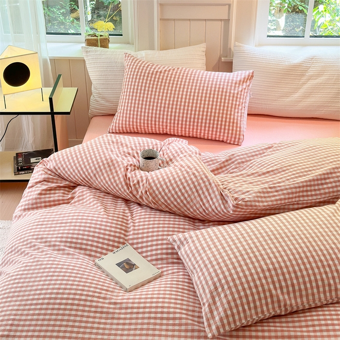 91家纺网 家纺一手货源 找家纺 北欧良品 2024新款A类全棉色织水洗棉单被套 蜜粉小格