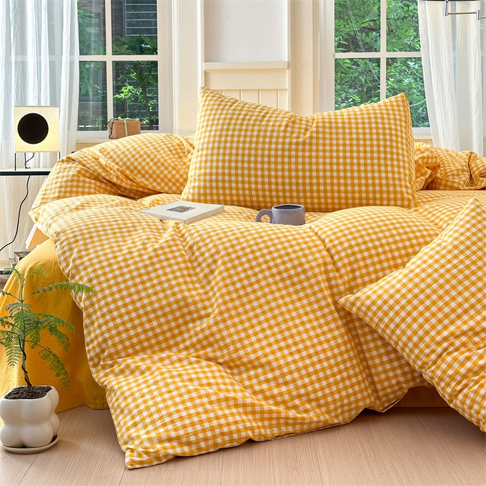 91家纺网 家纺一手货源 找家纺 北欧良品 2024新款A类全棉色织水洗棉单枕套 姜黄小格