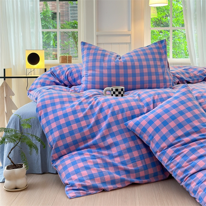 91家纺网 家纺一手货源 找家纺 北欧良品 2024新款A类全棉色织水洗棉单被套 蓝紫中格