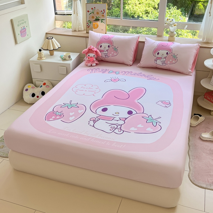 91家纺网 家纺一手货源 找家纺 金爱家 2024新款全棉三丽鸥正版大版单品床笠 贪吃美乐蒂